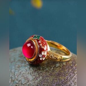 Gold Ring with Red Gem and Floral Enamel Accent